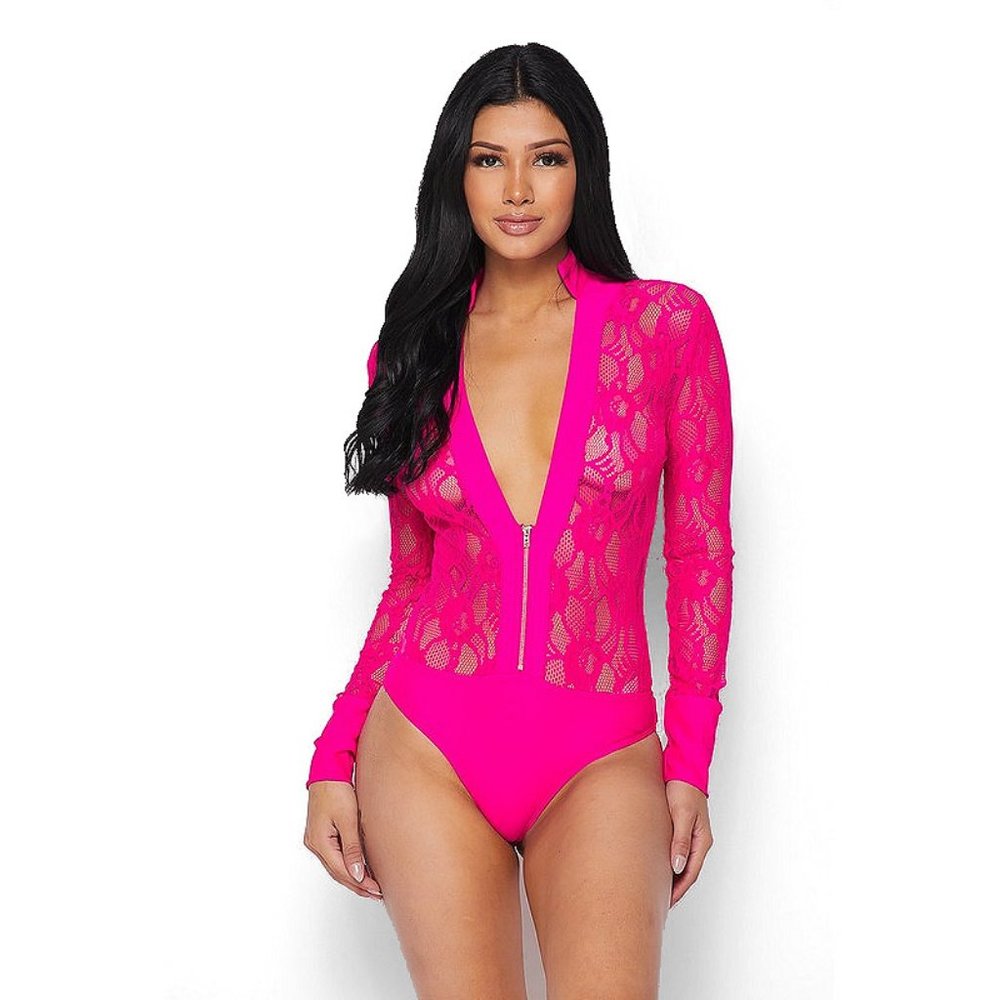 V-Neck Long Sleeve Lace Bodysuit